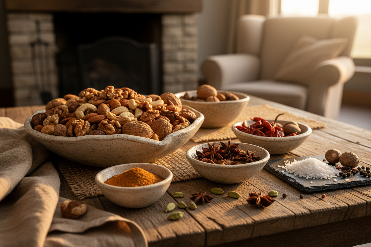 Una mesa rústica con bowls de frutos secos y especias, iluminación cálida, fondo desenfocado.